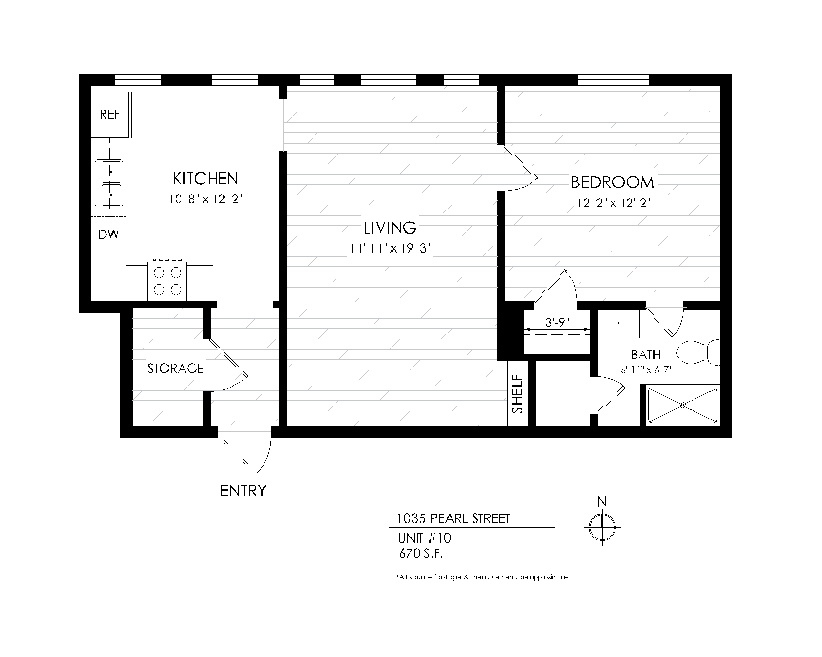 Floor plan for 1 bed, 1 bath, 590 sqft